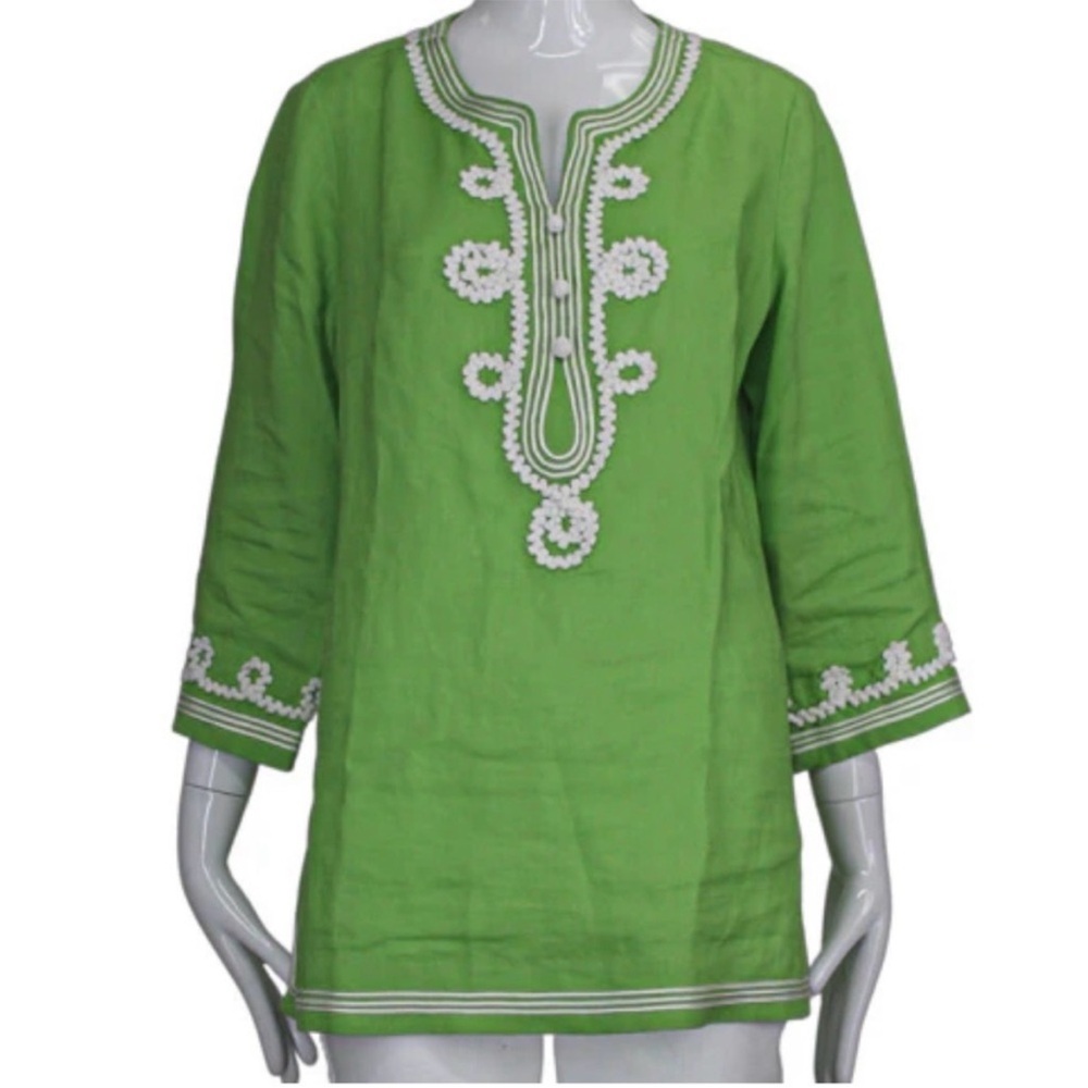 Etcetera Green Linen Embroidered Tunic Top